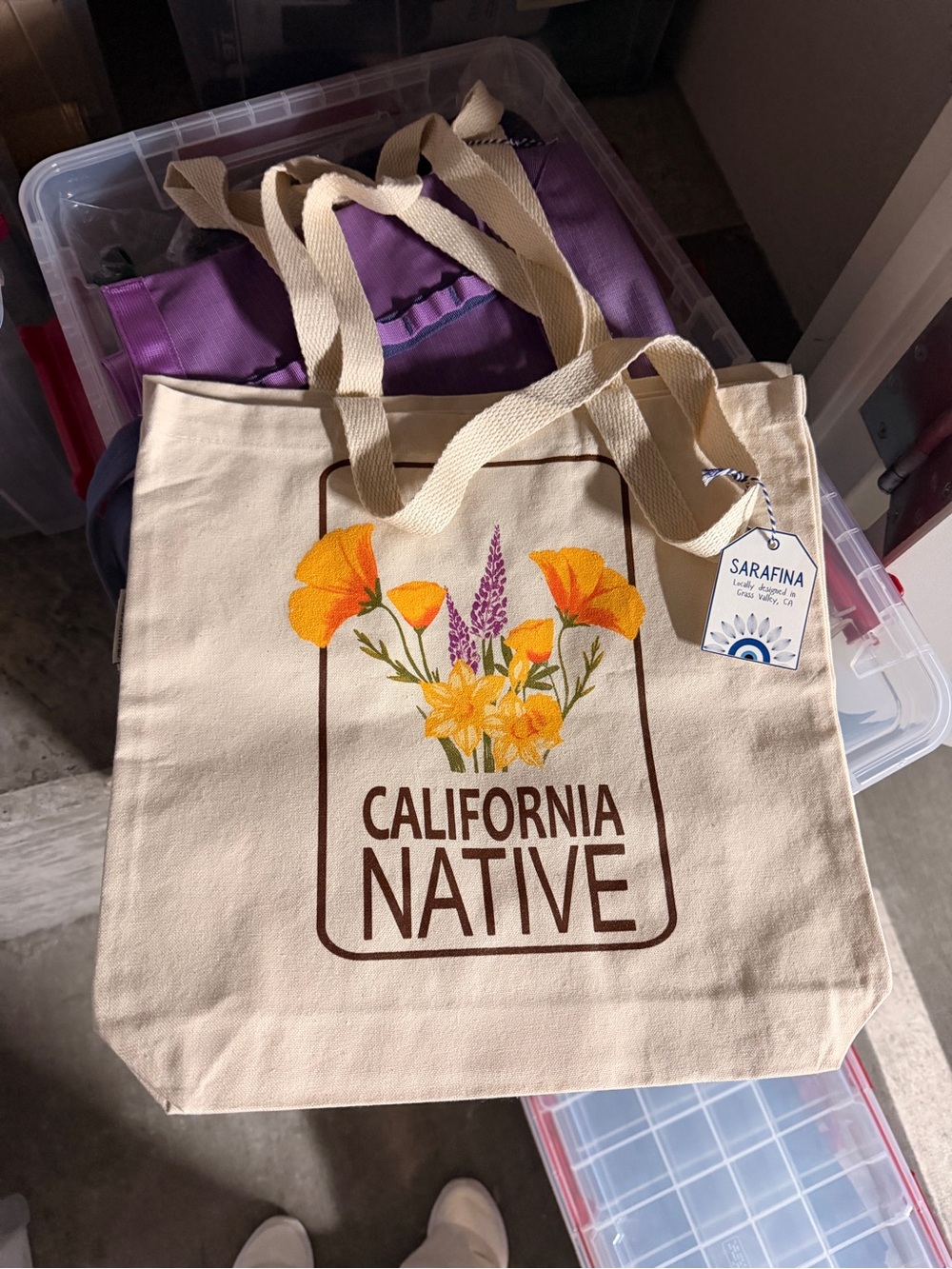California Native Floral Canvas Tote - Cream with Yellow & Orange
